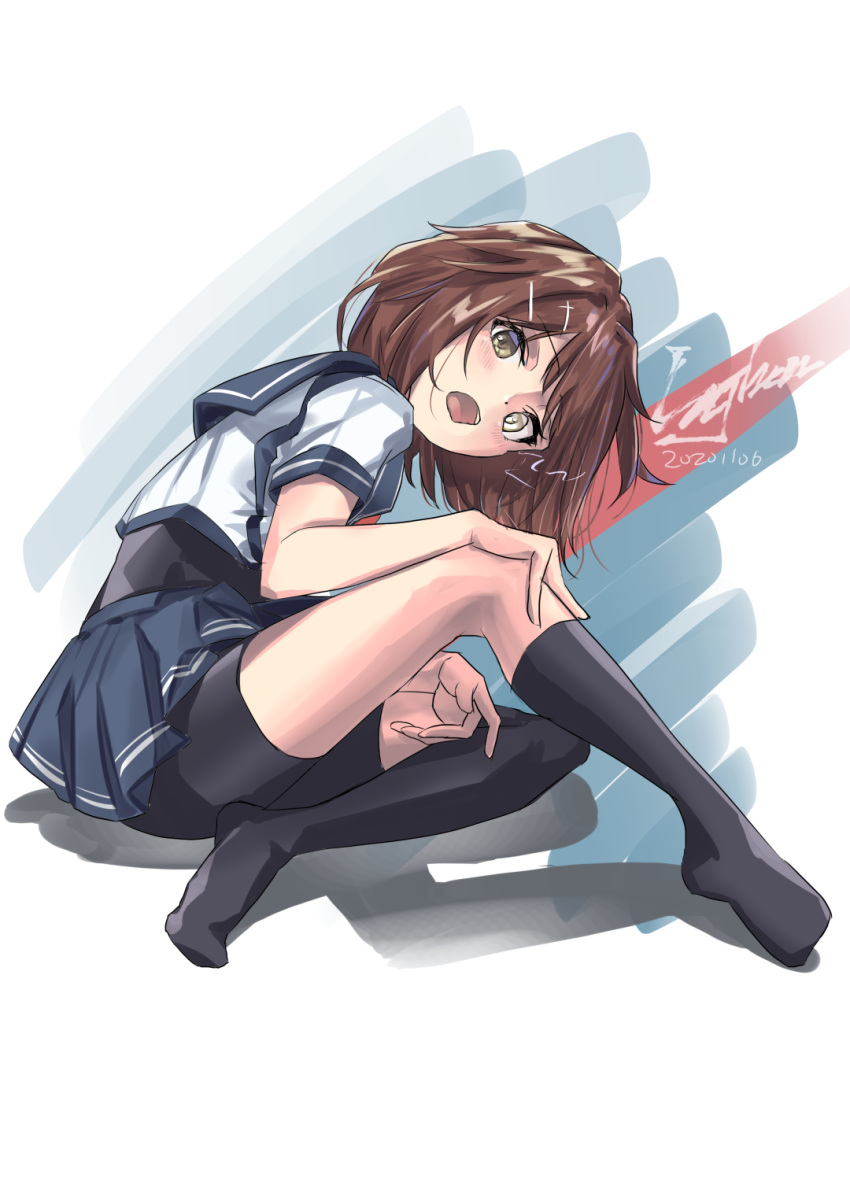 1girl bike_shorts black_shorts brown_hair commentary_request furutaka_(kantai_collection) glowing glowing_eye heterochromia highres kantai_collection lajhen2651 looking_at_viewer open_mouth remodel_(kantai_collection) school_uniform serafuku short_hair shorts shorts_under_skirt signature single_thighhigh solo thigh-highs upper_teeth yellow_eyes