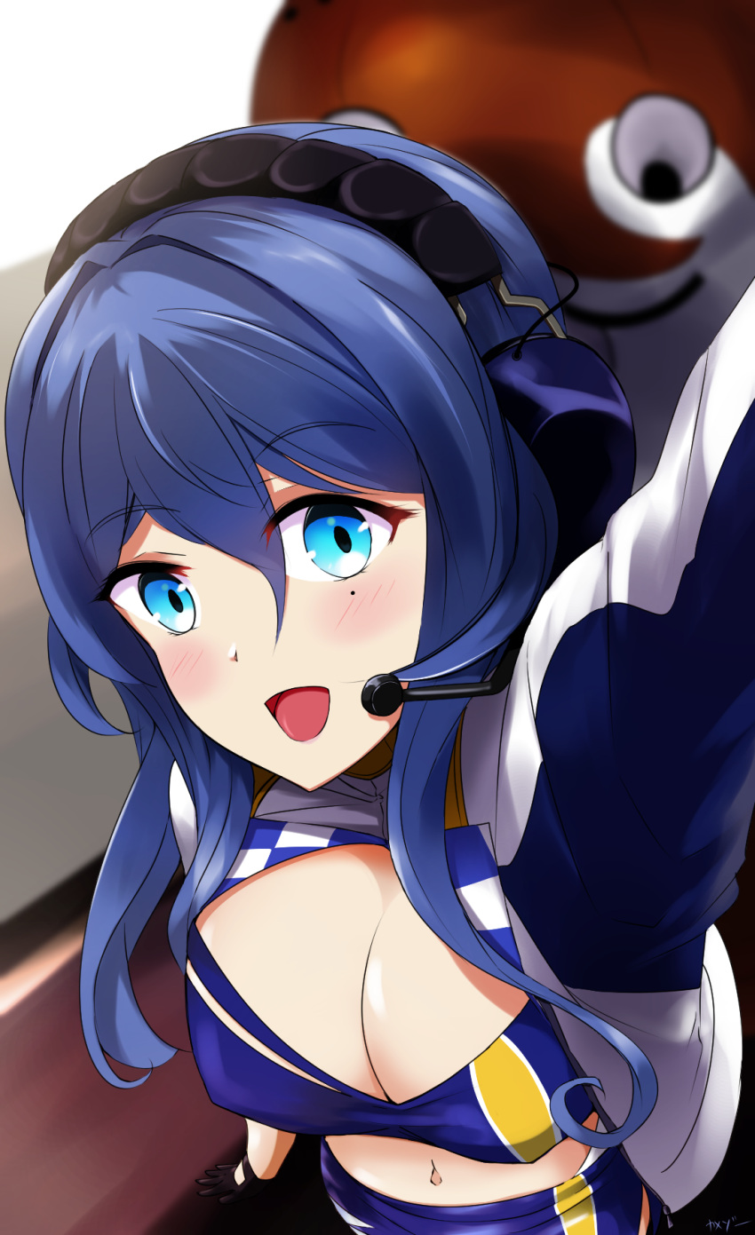 1girl black_gloves blue_eyes blue_hair blue_skirt bokukawauso breasts cropped_jacket from_above gloves gotland_(kantai_collection) headphones highres kamezou_(kame-zo) kantai_collection long_hair mascot medium_breasts miniskirt mole mole_under_eye navel official_alternate_costume otter short_sleeves skirt