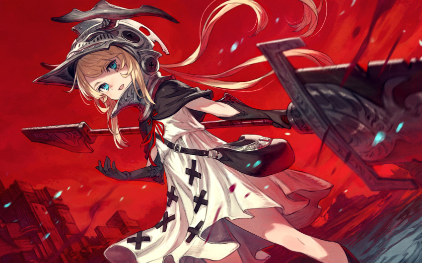 1girl bangs blonde_hair blue_eyes capelet city dress dutch_angle eyebrows_visible_through_hair gloves helmet highres holding holding_sword holding_weapon huge_weapon kusano_shinta original outdoors red_sky short_hair sky solo sword weapon white_dress wind