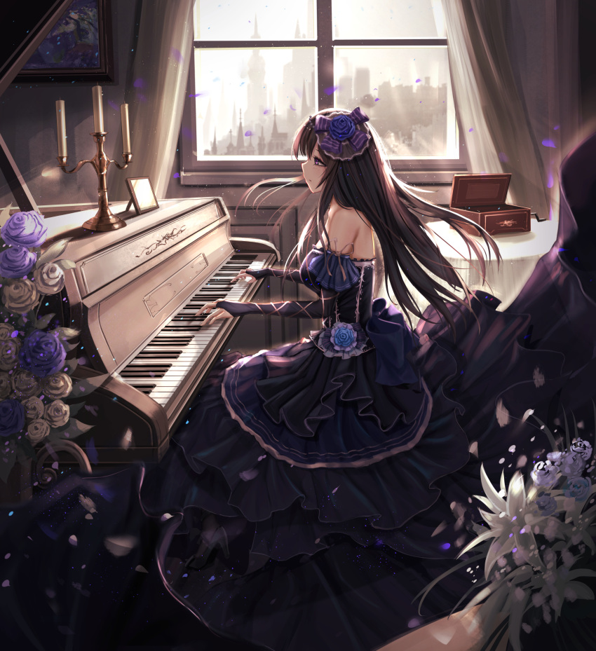 1girl bang_dream! bangs black_dress black_hair black_sleeves blue_flower blue_rose bow bridal_gauntlets closed_mouth detached_sleeves dress floating_hair flower full_body grey_rose hair_between_eyes hair_bow hair_flower hair_ornament highres indoors instrument layered_dress long_dress long_hair long_sleeves music petals playing_instrument playing_piano profile purple_bow purple_flower purple_rose rose roselia_(bang_dream!) shirokane_rinko sitting sleeveless sleeveless_dress solo strapless strapless_dress striped striped_bow very_long_hair violet_eyes yuzuriha