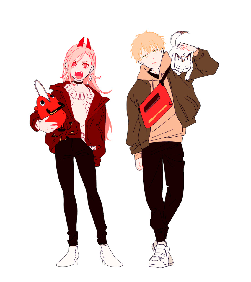 1boy 1girl animal_on_shoulder asuka_kuroda black_choker black_pants blonde_hair braid brown_jacket cat chainsaw_man choker crosshair_pupils denji_(chainsaw_man) earrings full_body highres hood hood_down hoodie horns jacket jewelry long_hair long_sleeves looking_at_viewer open_mouth pants pink_hair power_(chainsaw_man) red_eyes red_horns shoes short_hair simple_background sweater white_background white_cat white_footwear yellow_eyes yellow_hoodie