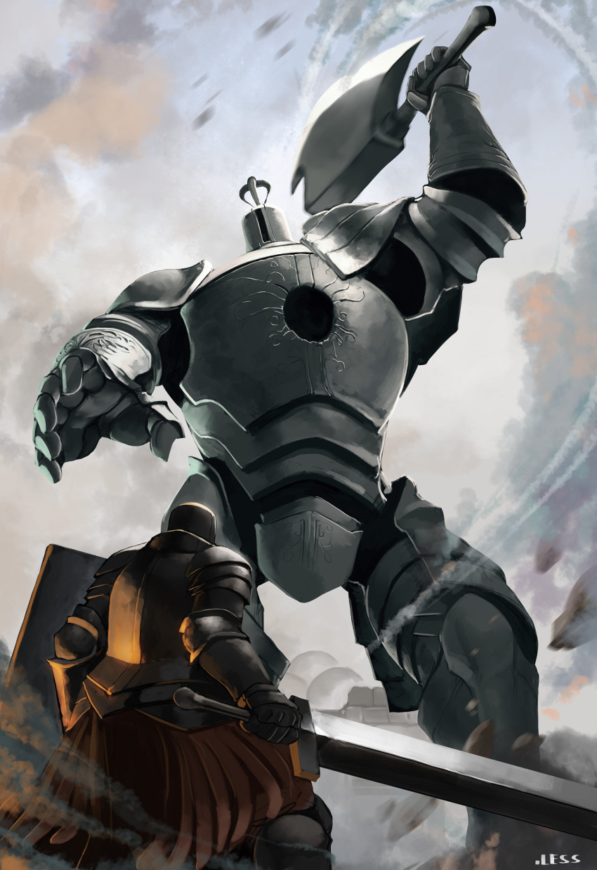 1boy arm_up armor artist_name axe battle breastplate commentary dark_souls debris dust facing_another feet_out_of_frame fighting_stance from_behind full_armor gauntlets golem greatsword greaves helmet highres holding holding_axe holding_shield holding_sword holding_weapon iron_golem iron_tarkus knight less male_focus outdoors shield shoulder_armor size_difference souls_(from_software) spaulders standing sword weapon