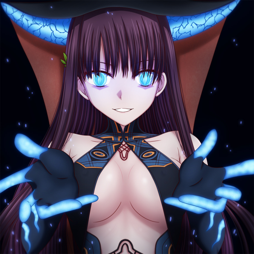 1girl bangs bare_shoulders black_dress black_gloves black_headwear blue_eyes breasts center_opening dress elbow_gloves fate/grand_order fate_(series) gloves glowing glowing_eyes hair_ornament hasebe_akira large_breasts leaf_hair_ornament long_hair looking_at_viewer outstretched_arms parted_lips purple_hair smile very_long_hair yang_guifei_(fate/grand_order)