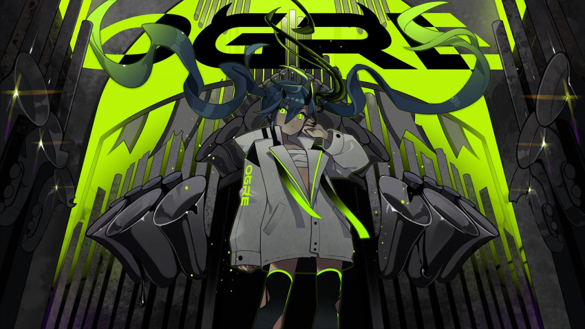 1girl bangs black_legwear black_nails blue_hair budget_sarashi closed_mouth commentary_request damaged eyebrows_visible_through_hair glowing glowing_eyes green_eyes hair_between_eyes hand_up hatsune_miku horns instrument instrument_request jacket long_sleeves looking_at_viewer nail_polish nou sarashi sleeves_past_wrists solo standing thigh-highs torn_clothes torn_legwear twintails vocaloid white_jacket