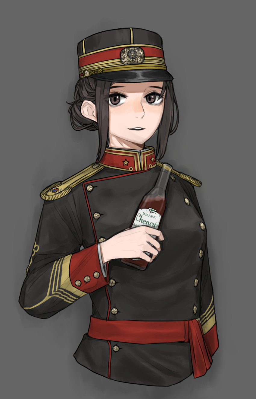1girl absurdres alcohol bottle brown_eyes brown_hair buttons double-breasted epaulettes grey_background hat highres holding holding_bottle korea looking_at_viewer mandarin_collar military military_uniform open_mouth original peaked_cap pzkpfwi sash sidelocks simple_background sleeve_cuffs soldier solo uniform upper_body