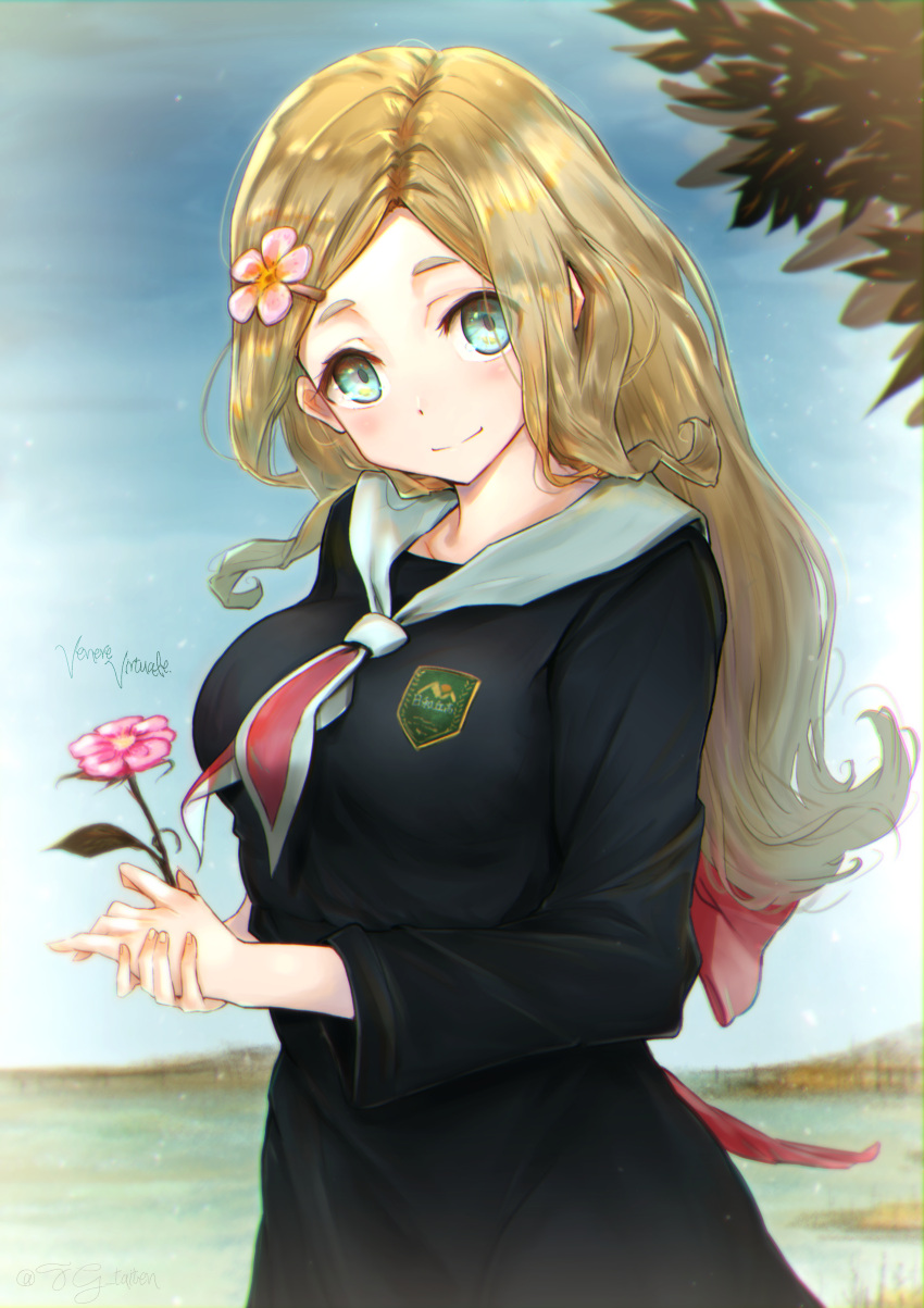 1girl absurdres bangs blonde_hair blush breasts closed_mouth commentary_request cowboy_shot dress flower fugutai_ten green_eyes hair_flower hair_ornament hairclip harohapi!_shinonome_megu-chan_no_oheya highres holding holding_flower large_breasts long_hair long_sleeves looking_at_viewer neckerchief outdoors own_hands_together parted_bangs pink_flower shinonome_megu smile solo tree virtual_youtuber