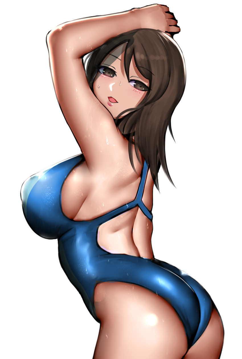 1girl absurdres arched_back arms_up ass back_cutout blue_swimsuit breasts brown_eyes brown_hair clothing_cutout commentary competition_swimsuit cowboy_shot eyebrows_visible_through_hair from_behind girls_und_panzer half-closed_eyes highres large_breasts leaning_forward looking_at_viewer looking_back medium_hair mika_(girls_und_panzer) one-piece_swimsuit open_mouth simple_background smile solo swimsuit takefu_jiin wet white_background
