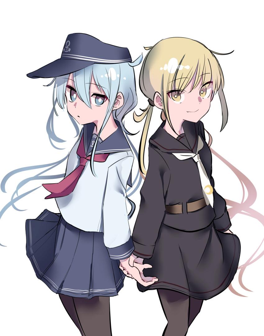 2girls anchor_symbol back-to-back black_legwear black_sailor_collar black_serafuku black_skirt blonde_hair blue_eyes cowboy_shot flat_cap hat hibiki_(kantai_collection) highres kantai_collection long_hair low_twintails multiple_girls necktie pantyhose pleated_skirt sailor_collar satsuki_(kantai_collection) school_uniform serafuku silver_hair simple_background skirt tetuw twintails white_background white_neckwear yellow_eyes