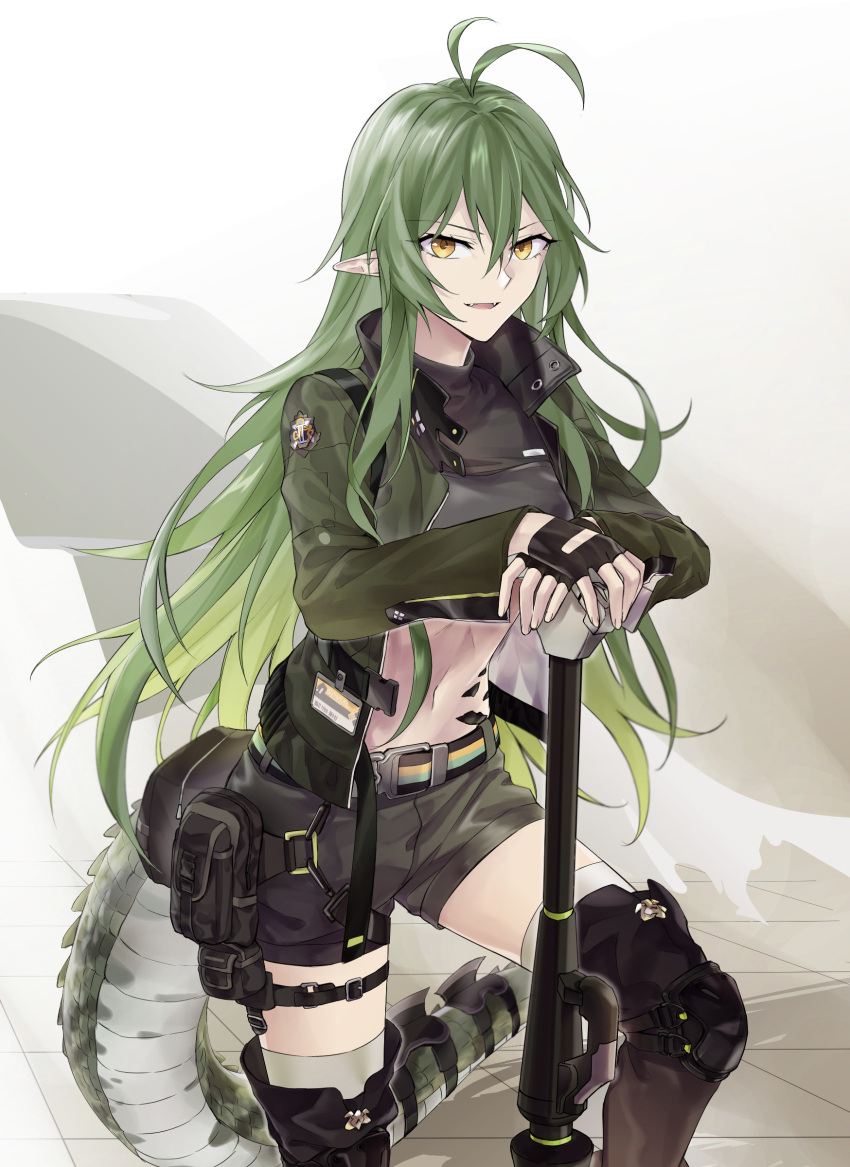 1girl absurdres ahoge arknights belt black_gloves black_tank_top boots camouflage camouflage_jacket camouflage_shorts eyebrows_visible_through_hair gavial_(arknights) gloves green_hair highres holster jacket long_hair looking_at_viewer navel open_mouth partially_fingerless_gloves pointy_ears shorts solo standing standing_on_one_leg suprii tail tank_top uniform yellow_eyes