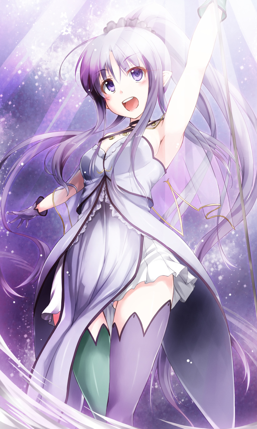 1girl :d arm_up armpits ass_visible_through_thighs bangs blush caster_lily eyebrows_visible_through_hair fate/grand_order fate_(series) floating_hair fuyuno_taka green_legwear hair_between_eyes high_ponytail highres long_hair looking_at_viewer miniskirt open_mouth pleated_skirt pointy_ears purple_hair purple_legwear shiny shiny_clothes shiny_hair shiny_legwear skirt smile solo standing sunlight thigh-highs veil very_long_hair violet_eyes white_skirt