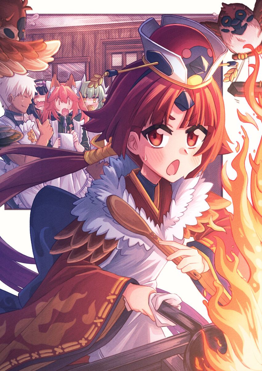 021_shiro 1boy 4girls absurdres animal_ears apron archer benienma_(fate/grand_order) bird brown_hair cooking dark_skin dark_skinned_male fate/grand_order fate_(series) fire fox_ears green_hair hat highres huge_filesize kiyohime_(fate/grand_order) multiple_girls nib_pen_(medium) notepad osakabe-hime_(fate/grand_order) pink_hair sparrow taking_notes tamamo_(fate)_(all) tamamo_no_mae_(fate) thumbs_up traditional_media white_hair wide_sleeves