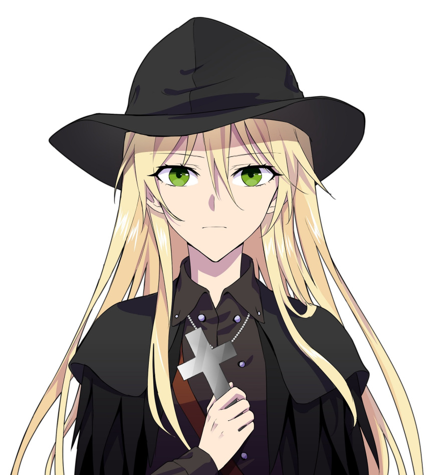 1girl black_headwear black_jacket blonde_hair brown_shirt closed_mouth cross eyebrows_visible_through_hair girls_frontline green_eyes hat highres holding holding_cross jacket long_hair looking_at_viewer priest shirt solo stg44_(girls_frontline) suprii white_background