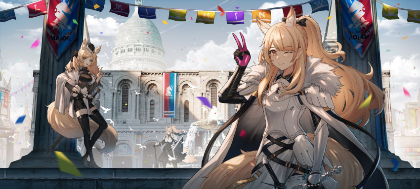 3girls aer7o animal_ear_fluff animal_ears arknights armor aunt_and_niece bangs black_headwear black_legwear blemishine_(arknights) blonde_hair blue_eyes blush breastplate breasts cape eyebrows_visible_through_hair fur_trim gloves hair_between_eyes hair_ribbon hand_up hat headset highres holding holding_sword holding_weapon large_breasts long_hair long_sleeves looking_at_viewer multiple_girls nearl_(arknights) open_mouth pauldrons ponytail ribbon shoulder_armor siblings sidelocks sisters smile standing sword tail thigh-highs thighs vambraces weapon whislash_(arknights) yellow_eyes