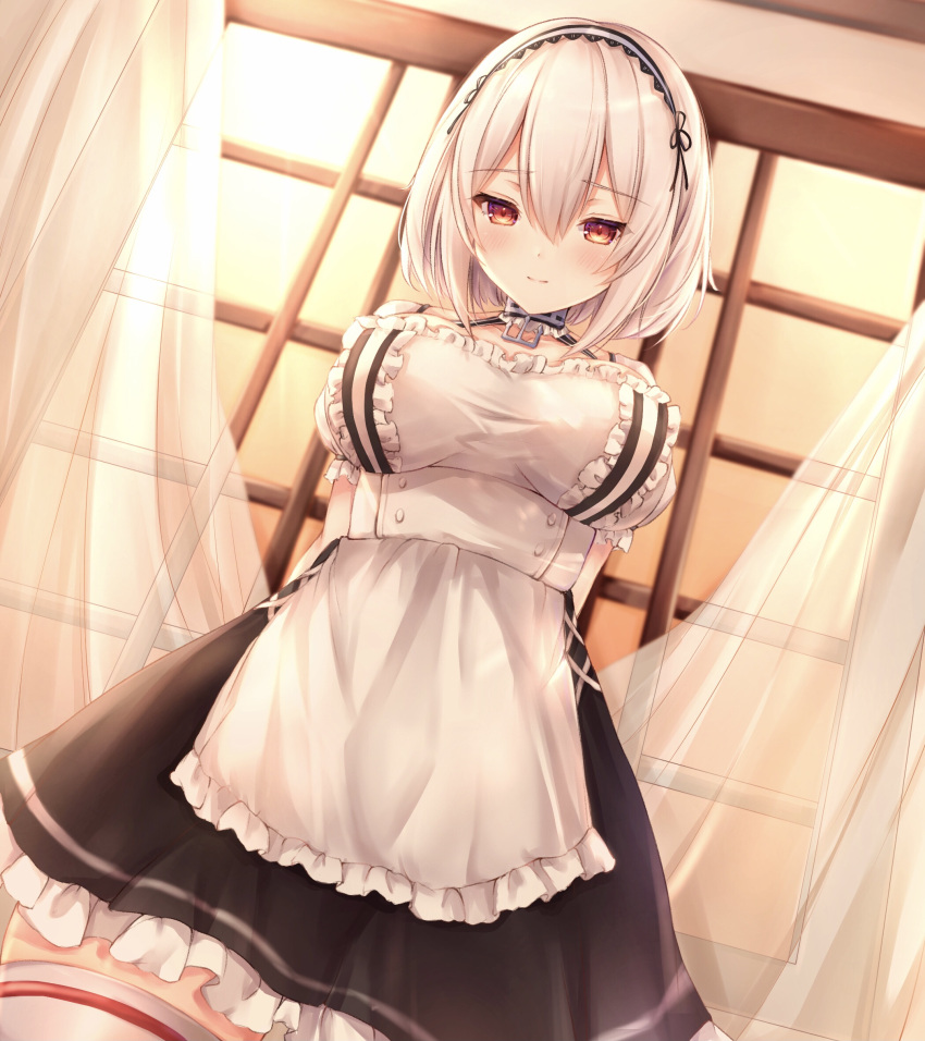 1girl anchor_ornament apron arms_behind_back azur_lane bangs black_skirt blush breasts closed_mouth curtain_grab curtains eyebrows_visible_through_hair frilled_apron frilled_skirt frills hair_between_eyes hairband highres indoors kiri_celea large_breasts looking_at_viewer maid red_eyes short_hair silver_hair sirius_(azur_lane) skirt smile solo thigh-highs two-tone_hairband underbust waist_apron white_apron white_legwear window