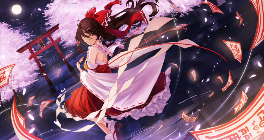 1girl absurdres ahoge bow brown_hair cherry_blossoms closed_eyes dejio detached_sleeves dutch_angle floating_hair frilled_bow frilled_hair_tubes frilled_legwear frills full_moon hair_bow hair_tubes hakurei_reimu highres huge_filesize long_hair long_skirt long_sleeves moon night red_bow red_skirt ribbon-trimmed_skirt ribbon-trimmed_sleeves ribbon_trim sailor_collar sailor_collar_lift shiny shiny_hair shoulder_blades skirt solo tabi torii touhou very_long_hair white_legwear white_sailor_collar white_sleeves wide_sleeves