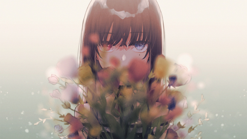 1girl blue_eyes blurry blurry_background bouquet choker dress eyebrows_visible_through_hair flower frilled_dress frills heterochromia highres holding holding_bouquet incoming_gift long_hair looking_at_viewer mole mole_under_eye necojishi original red_eyes ribbon_choker solo