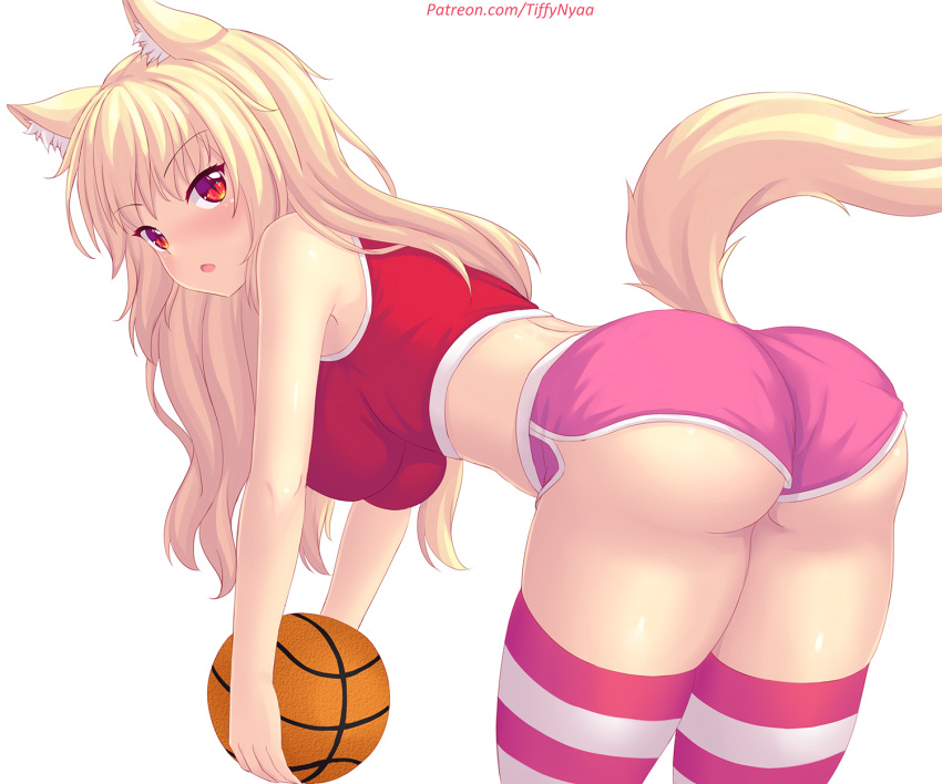1girl :o animal_ear_fluff animal_ears ass ball bangs basketball blonde_hair blush breasts cat_ears cat_tail eyebrows_visible_through_hair highres holding holding_ball large_breasts long_hair looking_at_viewer nottytiffy original red_eyes shiny shiny_skin short_shorts shorts slit_pupils solo tail thigh-highs thighs tiffy_(nottytiffy) watermark web_address