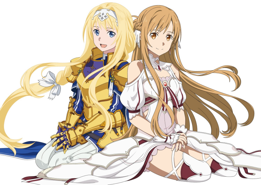 2girls :d alice_zuberg armor armored_dress asuna_(stacia) blonde_hair blue_eyes bow braid braided_ponytail breastplate brown_eyes brown_hair closed_mouth clothing_cutout detached_collar dress floating_hair french_braid full_body gauntlets hair_bow hair_intakes hairband highres long_hair looking_at_viewer multiple_girls official_art open_mouth ponytail red_legwear ribbon shiny shiny_hair short_dress shoulder_armor shoulder_cutout simple_background sitting smile spaulders sword_art_online sword_art_online:_alicization thigh-highs very_long_hair white_background white_bow white_dress white_hairband white_ribbon wrist_cuffs