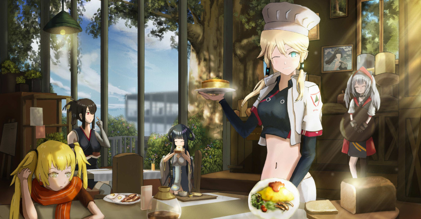 5girls absurdres aqua_eyes bangs black_hair blonde_hair blue_oath breasts brown_hair character_request closed_eyes closed_mouth cooking eyebrows_visible_through_hair green_eyes hair_ornament highres jintsuu_(blue_oath) long_hair looking_at_another looking_at_viewer maury_(blue_oath) multiple_girls navel oakland_(blue_oath) one_eye_closed red_eyes red_scarf scarf silver_hair sitting smile standing tagme taidai twintails
