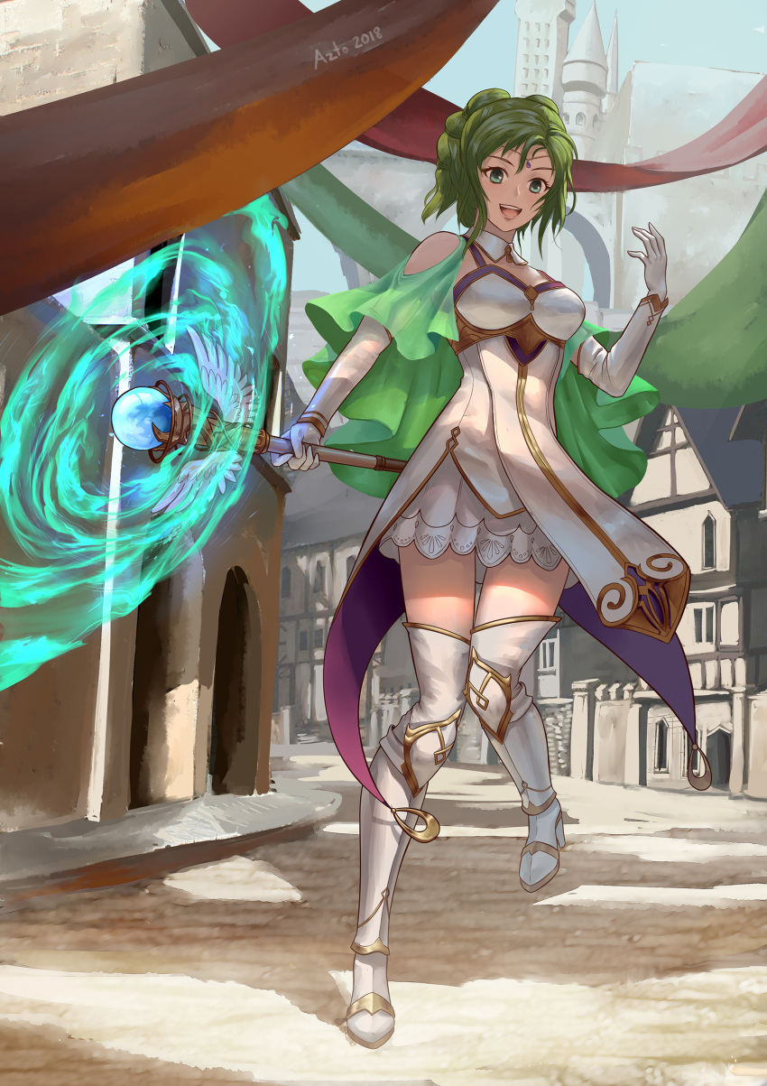 1girl absurdres azto_dio bangs boots breasts cape day dress elbow_gloves fire_emblem fire_emblem:_the_sacred_stones fire_emblem_heroes full_body gloves green_eyes green_hair highres l'arachel_(fire_emblem) medium_breasts open_mouth short_dress smile staff thigh-highs thigh_boots tower