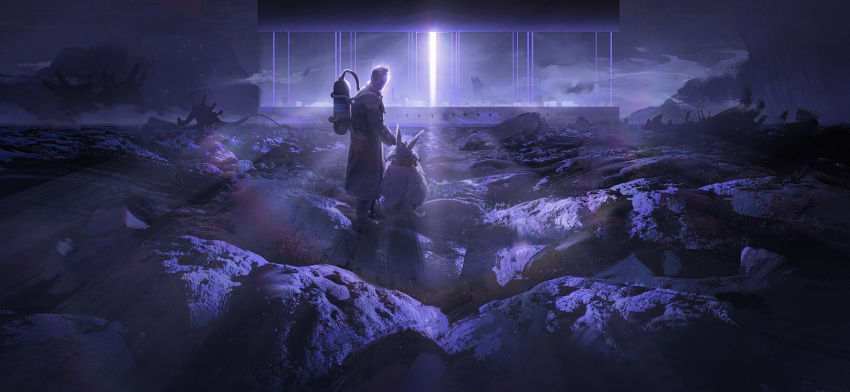 1boy 1other absurdres animal_ears black_coat black_footwear bondrewd coat dark height_difference helmet highres light_rays long_hair made_in_abyss mask nanachi_(made_in_abyss) oxygen_tank purple_theme scenery shoes tail white_hair wide_shot ying_yi