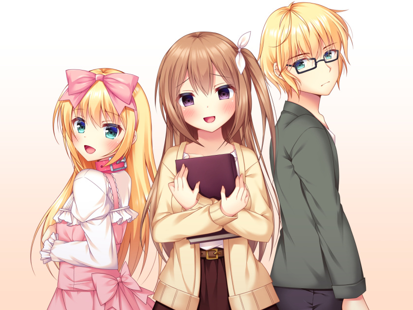 1boy 2girls :d bangs belt belt_buckle black-framed_eyewear black_pants blonde_hair blush book bow brown_background brown_belt brown_hair brown_jacket brown_skirt buckle collar collarbone commentary_request copyright_request dress eyebrows_visible_through_hair fujikura_ryuune glasses gradient gradient_background green_eyes green_jacket hair_between_eyes hair_bow hair_ribbon jacket juliet_sleeves long_hair long_sleeves looking_at_viewer multiple_girls object_hug official_art one_side_up open_clothes open_jacket open_mouth pants pink_bow pink_collar pink_dress pleated_skirt puffy_sleeves ribbon shirt skirt sleeveless sleeveless_dress smile very_long_hair violet_eyes white_background white_ribbon white_shirt