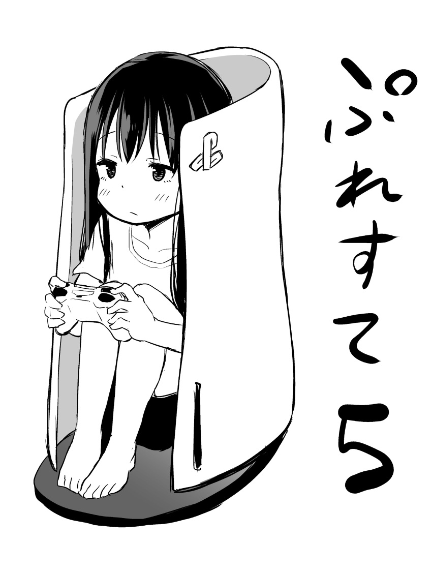 1girl absurdres airandou barefoot blush closed_mouth commentary_request controller dualsense eyebrows_visible_through_hair game_console game_controller greyscale highres holding holding_controller long_hair monochrome original playstation playstation_5 playstation_controller sitting sketch solo translated