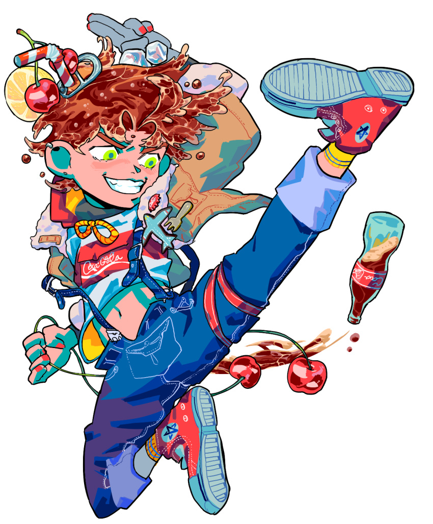 1boy battle_tendency brown_hair bulzizzang cherry coca-cola denim drinking_straw food food_on_head fork fruit fruit_on_head full_body green_eyes highres ice ice_cube jacket jeans jojo_no_kimyou_na_bouken joseph_joestar_(young) kicking lemon lemon_slice liquid_hair long_sleeves midriff_peek navel object_on_head pants parted_lips red_footwear red_nails shirt simple_background smile socks soda soda_bottle solo suspenders white_background white_shirt