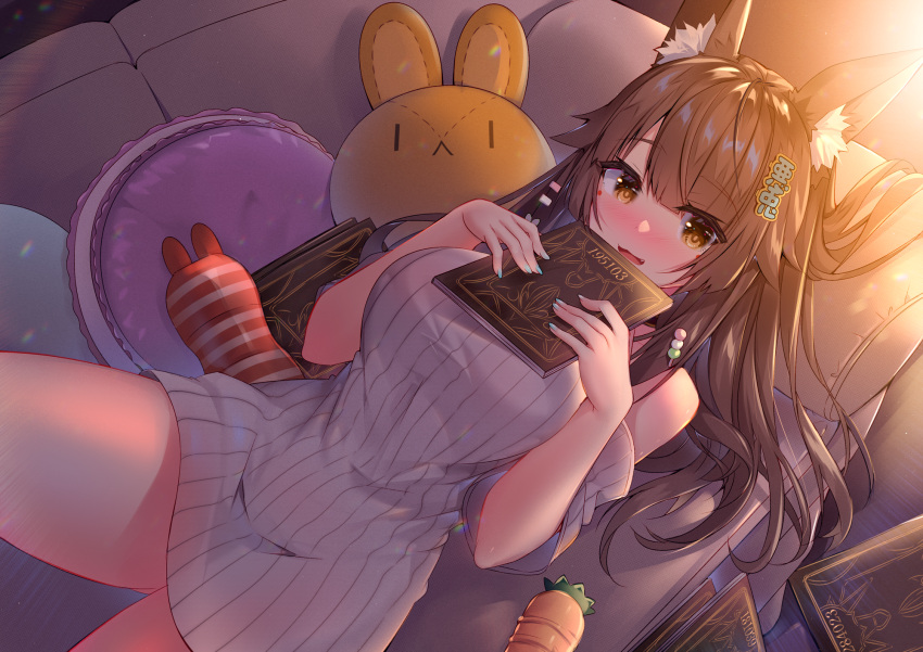 1girl :d animal_ear_fluff animal_ears bangs bare_shoulders blush brown_eyes brown_hair commentary_request couch detached_sleeves dress eyebrows_visible_through_hair fang hair_ornament hands_up highres holding indie_virtual_youtuber long_hair looking_at_viewer lying on_back on_couch open_mouth pillow ribbed_sweater short_sleeves sleeveless_sweater smile solo striped stuffed_animal stuffed_bunny stuffed_toy sweater sweater_dress tenga translation_request usagihime usagihime_(vtuber) very_long_hair virtual_youtuber white_sleeves white_sweater