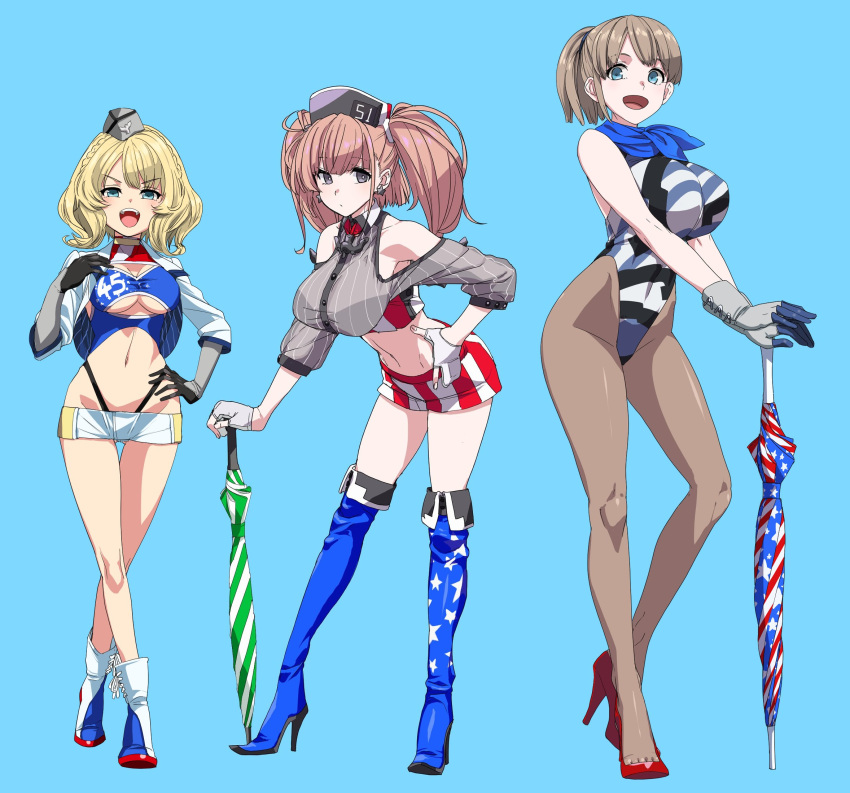 3girls alternate_costume american_flag american_flag_print atlanta_(kantai_collection) black_gloves black_legwear black_panties blonde_hair blue_background blue_eyes blue_footwear blue_scarf boots breasts brown_hair closed_umbrella clothes_writing colorado_(kantai_collection) cropped_jacket earrings eyebrows_visible_through_hair flag_print full_body garrison_cap gloves grey_eyes grey_headwear hands_on_own_chest hat high_heel_boots high_heels highleg highleg_panties highres holding holding_umbrella huge_breasts ifuji_shinsen intrepid_(kantai_collection) jewelry kantai_collection large_breasts leotard long_hair long_sleeves midriff multicolored multicolored_clothes multicolored_gloves multicolored_leotard multiple_girls navel off_shoulder open_mouth panties pantyhose partially_fingerless_gloves ponytail racequeen red_footwear scarf short_hair short_shorts shorts side_braids simple_background skirt standing star_(symbol) star_earrings thigh-highs thigh_boots twitter_username two_side_up umbrella underwear white_footwear white_gloves white_shorts