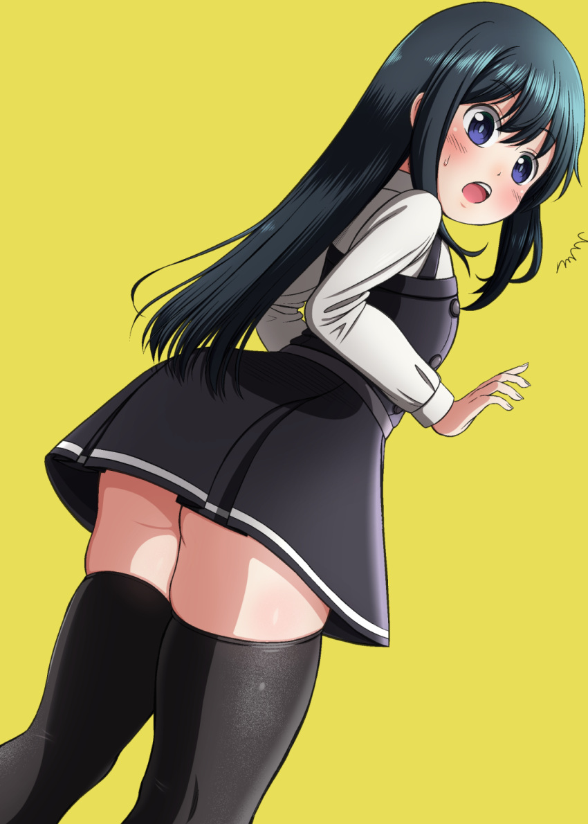 /\/\/\ 1girl asashio_(kantai_collection) ass black_hair black_legwear blue_eyes dress dutch_angle feet_out_of_frame highres jougenmushi kantai_collection long_hair long_sleeves no_panties open_mouth pinafore_dress remodel_(kantai_collection) round_teeth shirt solo standing teeth thigh-highs upper_body upper_teeth white_shirt yellow_background