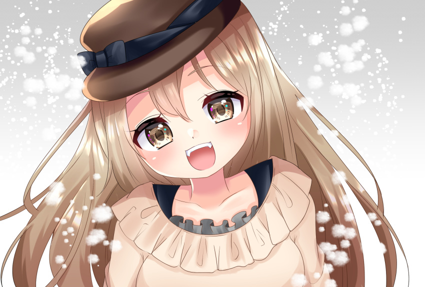 1girl :d bangs black_bow bow brown_eyes brown_hair brown_headwear brown_shirt clip_studio_paint_(medium) collarbone commentary_request eyebrows_visible_through_hair fangs frilled_shirt frills gradient gradient_background grey_background hair_between_eyes hat hat_bow head_tilt highres long_hair looking_at_viewer misaki_(misaki86) open_mouth original shirt smile snowing solo upper_body upper_teeth white_background