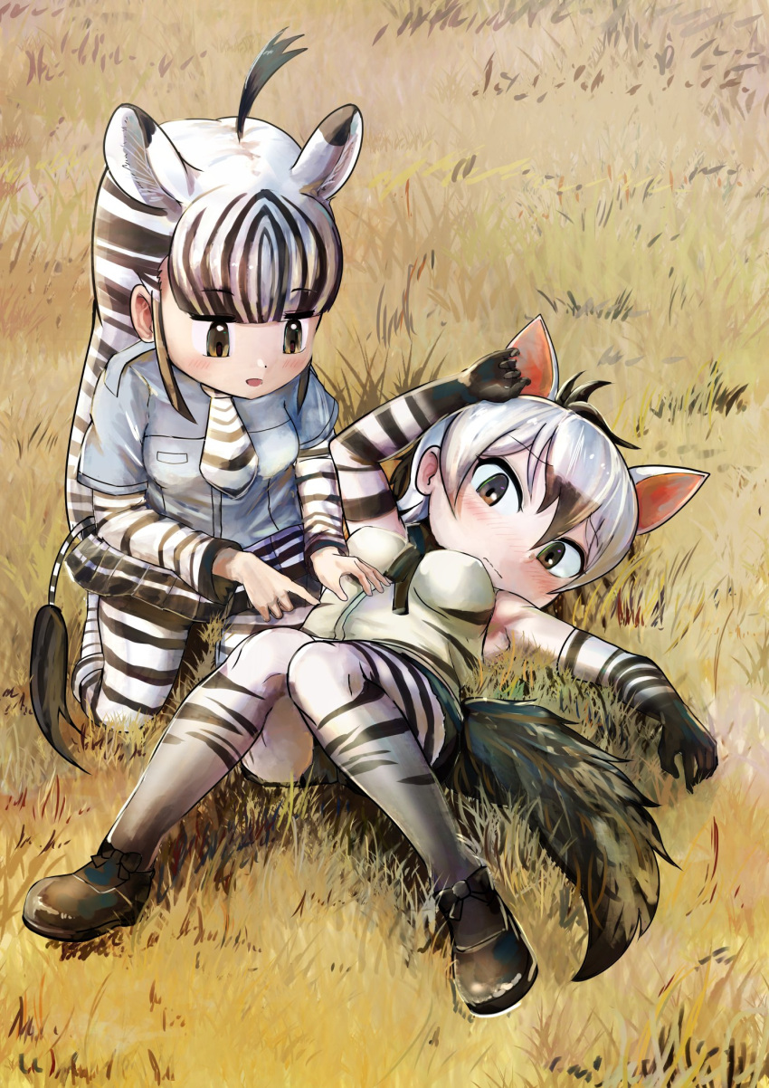 2girls aardwolf_(kemono_friends) aardwolf_ears aardwolf_print aardwolf_tail ahoge animal_ears animal_print arm_rest arm_up armpits bangs bare_shoulders black_hair black_shorts blue_shirt blunt_bangs blush bodystocking brown_eyes chibi closed_mouth commentary_request counting day elbow_gloves extra_ears eyebrows_visible_through_hair fuji_takanasu full_body furrowed_eyebrows gloves grass hair_between_eyes hand_on_another's_stomach highres kemono_friends kneeling knees_together_feet_apart knees_up legwear_under_shorts long_hair long_sleeves looking_at_another lying microskirt multicolored_hair multiple_girls on_back on_grass on_ground open_mouth outdoors pantyhose plains_zebra_(kemono_friends) pleated_skirt print_gloves print_legwear print_shirt print_skirt savannah shirt shoes short_over_long_sleeves short_sleeves shorts sidelocks skirt sleeveless sleeveless_shirt streaked_hair striped striped_legwear striped_neckwear striped_shirt striped_sleeves tail two-tone_hair white_hair zebra_ears zebra_girl zebra_print zebra_tail