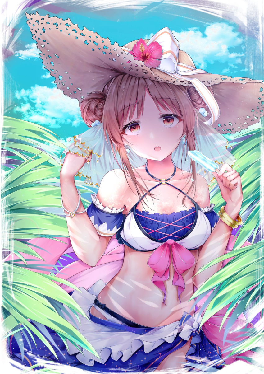 1girl 8ka armband bangs bare_shoulders bikini bikini_skirt blue_bikini blue_sky bracelet brown_eyes brown_hair clouds collarbone commentary_request day double_bun earrings eyebrows_visible_through_hair flower food frilled_bikini frills hair_ornament hat hat_flower hat_ribbon highres holding holding_food jewelry leaf looking_at_viewer navel o-ring outdoors popsicle princess_connect! princess_connect!_re:dive ribbon sidelocks sky solo straw_hat suzume_(princess_connect!) swimsuit white_bikini