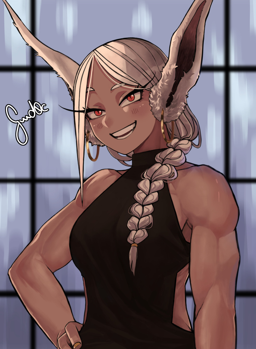 1girl absurdres alternate_hairstyle animal_ears artist_name bare_arms blush boku_no_hero_academia braid dark_skin earrings english_commentary eyelashes gud0c hand_on_hip highres hoop_earrings jewelry long_hair looking_at_viewer mirko muscle muscular_female open_mouth rabbit_ears smile solo