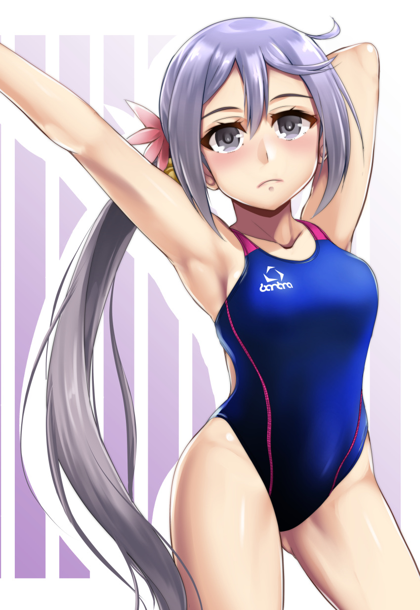 1girl absurdres akebono_(kantai_collection) armpits arms_up bell blue_swimsuit breasts collarbone competition_swimsuit cowboy_shot flower hair_bell hair_flower hair_ornament highres jingle_bell kantai_collection long_hair looking_at_viewer one-piece_swimsuit purple_background purple_hair shadow side_ponytail small_breasts solo standing stretch swimsuit two-tone_background very_long_hair violet_eyes white_background yellow_quokka