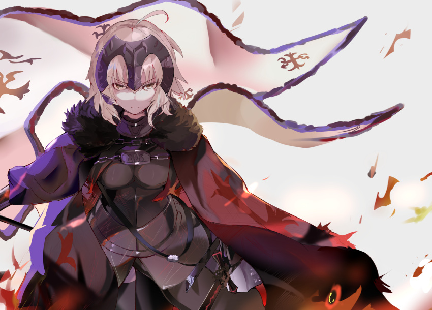 1girl absurdres ahoge armor armored_dress between_breasts black_dress breasts chain dress fate/grand_order fate_(series) headpiece highres jeanne_d'arc_(alter)_(fate) jeanne_d'arc_(fate)_(all) long_hair looking_at_viewer medium_breasts same_(sendai623) silver_hair solo vambraces very_long_hair yellow_eyes
