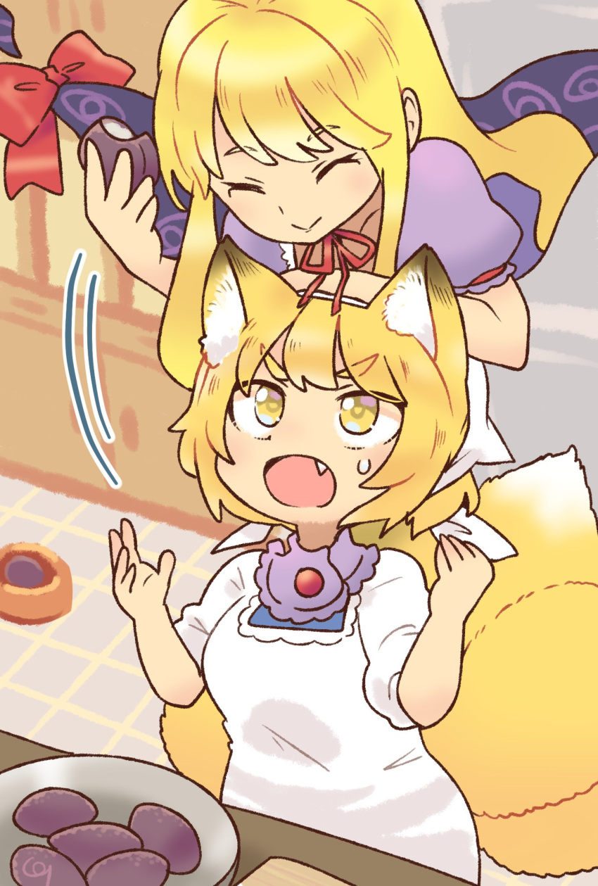 2girls ^_^ adapted_costume animal_ear_fluff animal_ears arm_on_head arm_rest arm_support bands blonde_hair bow cabinet closed_eyes closed_mouth commentary_request cupboard cutting_board dress eating eyebrows_visible_through_hair eyes facing_down fang food food_request food_theft fox_ears fox_tail gap_(touhou) hands_up head_scarf highres holding holding_food indoors kitchen kitsune long_hair looking_at_another looking_up motion_lines multiple_girls multiple_tails neck_ribbon no_headwear open_mouth pastry plate pmx puffy_short_sleeves puffy_sleeves purple_dress red_bow red_neckwear red_ribbon ribbon short_hair short_sleeves sidelocks smile surprised sweatdrop tail theft tile_floor tiles touhou upper_body v-shaped_eyebrows white_dress white_headwear yakumo_ran yakumo_yukari yellow_eyes younger