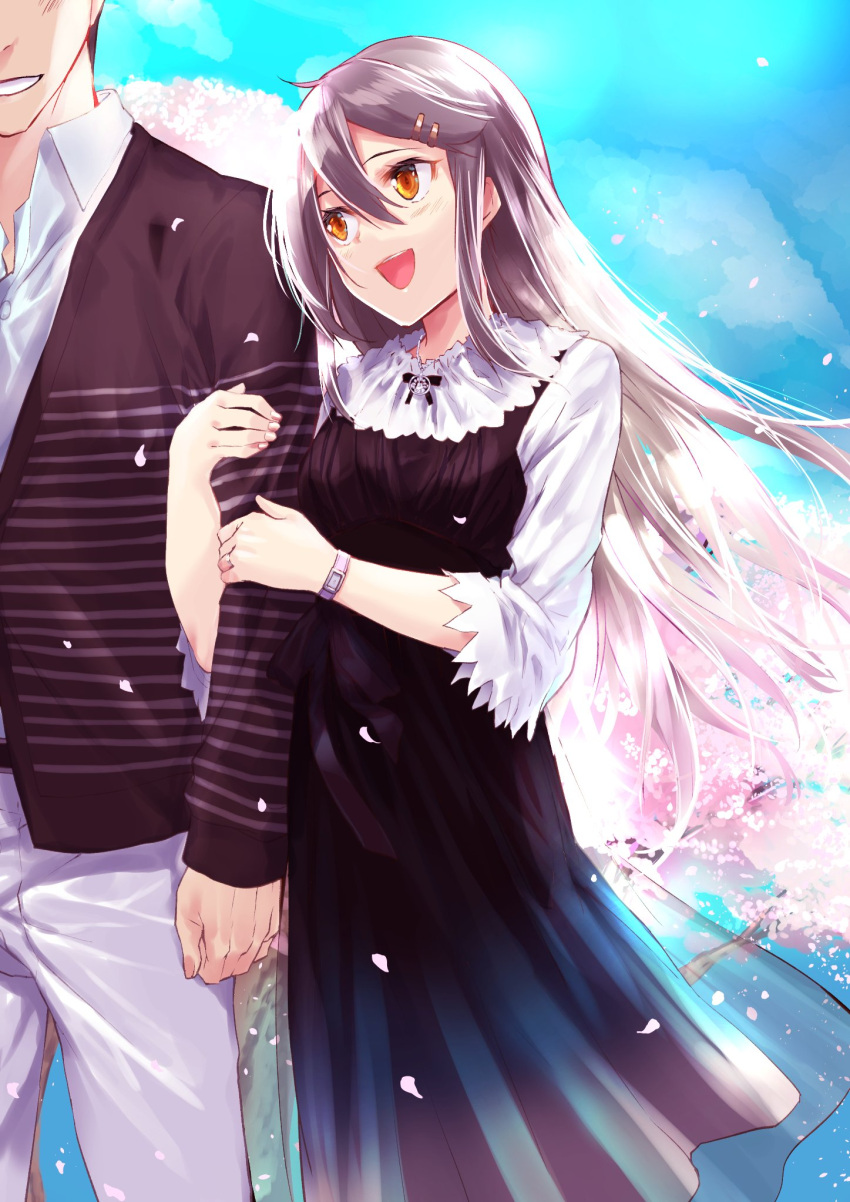 1boy 1girl :d alternate_costume black_dress brown_eyes cherry_blossoms commission dress grey_hair hair_ornament hairclip haruna_(kantai_collection) highres holding_hands kantai_collection kyougoku_touya long_hair looking_at_another open_mouth pants skeb_commission smile solo_focus striped striped_pants watch watch