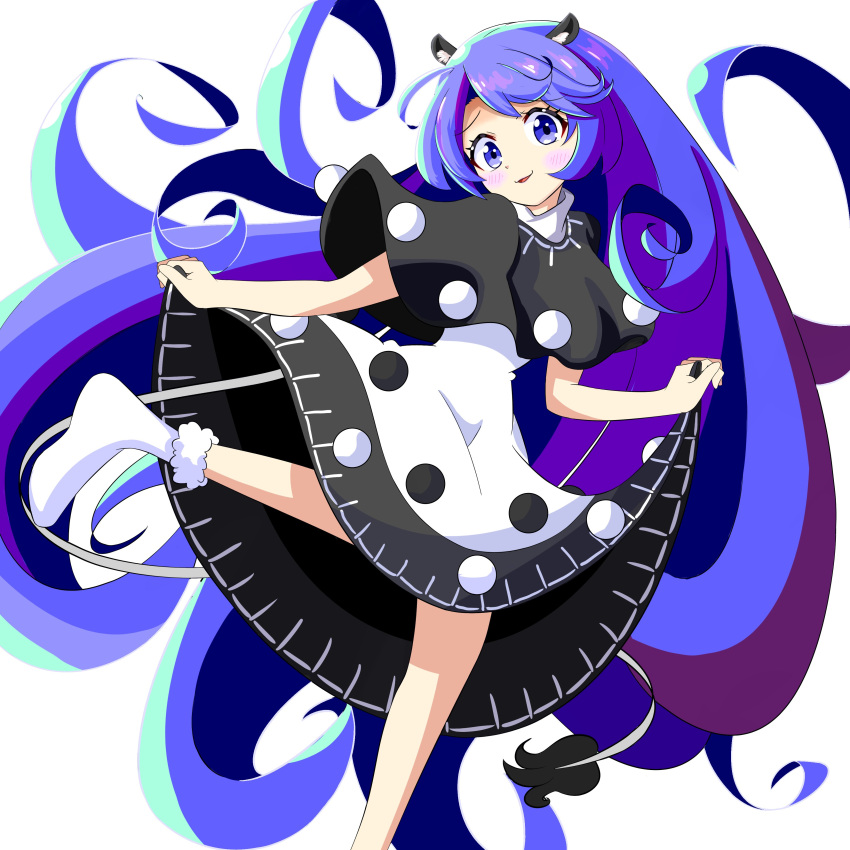 1girl absurdly_long_hair absurdres animal_ears black_capelet blue_eyes blue_hair capelet doremy_sweet dress highres long_hair multicolored_clothes multicolored_dress nightgown pom_pom_(clothes) simple_background solo tail tapir_ears touhou very_long_hair white_background zenji029