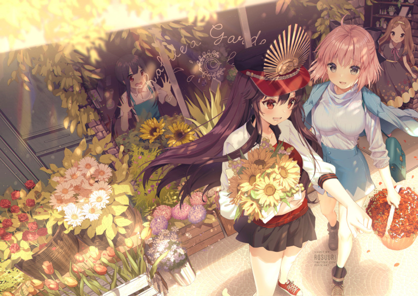 1boy 3girls :d against_glass ahoge apron artist_name black_hair blush brown_eyes brown_hair chacha_(fate/grand_order) commentary contemporary cover_image dress employee_uniform english_commentary fate/grand_order fate_(series) floating_hair flower_shop hairband half_updo hat jacket letterman_jacket long_hair multiple_girls oda_nobukatsu_(fate/grand_order) oda_nobunaga_(fate) oda_nobunaga_(fate)_(all) okita_souji_(fate) okita_souji_(fate)_(all) open_mouth peaked_cap purple_dress red_eyes rosuuri shop smile uniform watermark