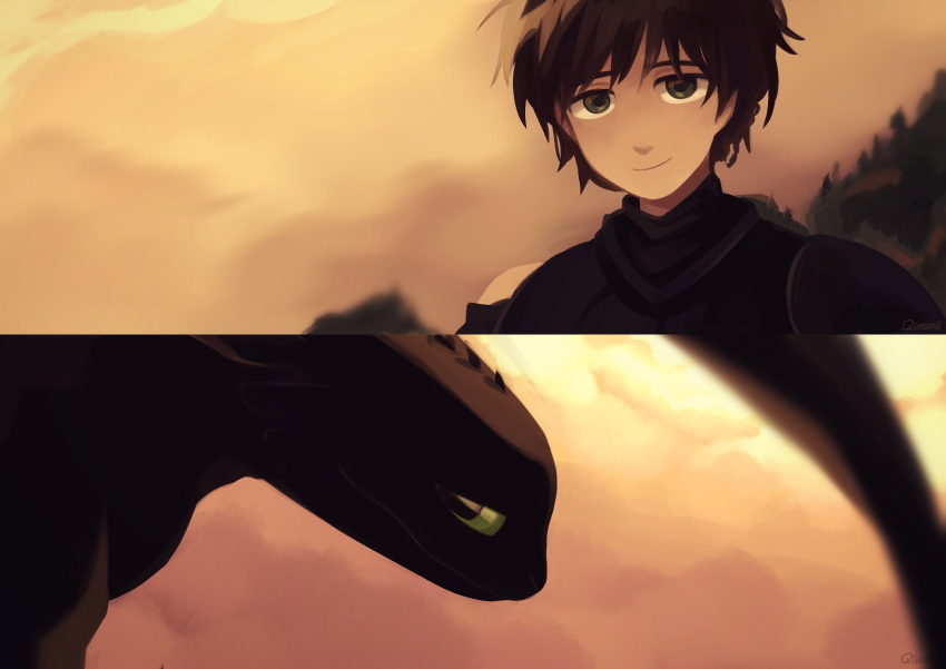 1boy armor black_eyes brown_hair closed_mouth clouds cloudy_sky dragon english_commentary green_sclera hiccup_horrendous_haddock_iii highres how_to_train_your_dragon how_to_train_your_dragon_3 looking_at_viewer male_focus qiinamii short_hair sky smile toothless upper_body