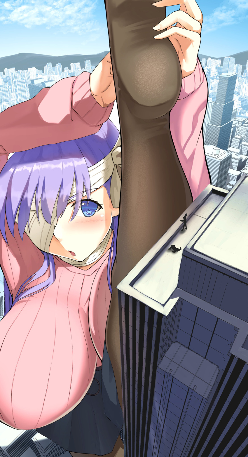 1girl 2others absurdres bandage_over_one_eye bandaged_head bandages black_legwear breasts building city fate/extra fate/extra_ccc fate/extra_ccc_fox_tail fate_(series) flexible giantess highres huge_breasts kingprotea leg_lift leg_up lien long_hair long_sleeves multiple_others open_mouth pantyhose pink_sweater purple_hair ribbed_sweater skirt skyscraper split standing standing_on_one_leg standing_split sweater violet_eyes