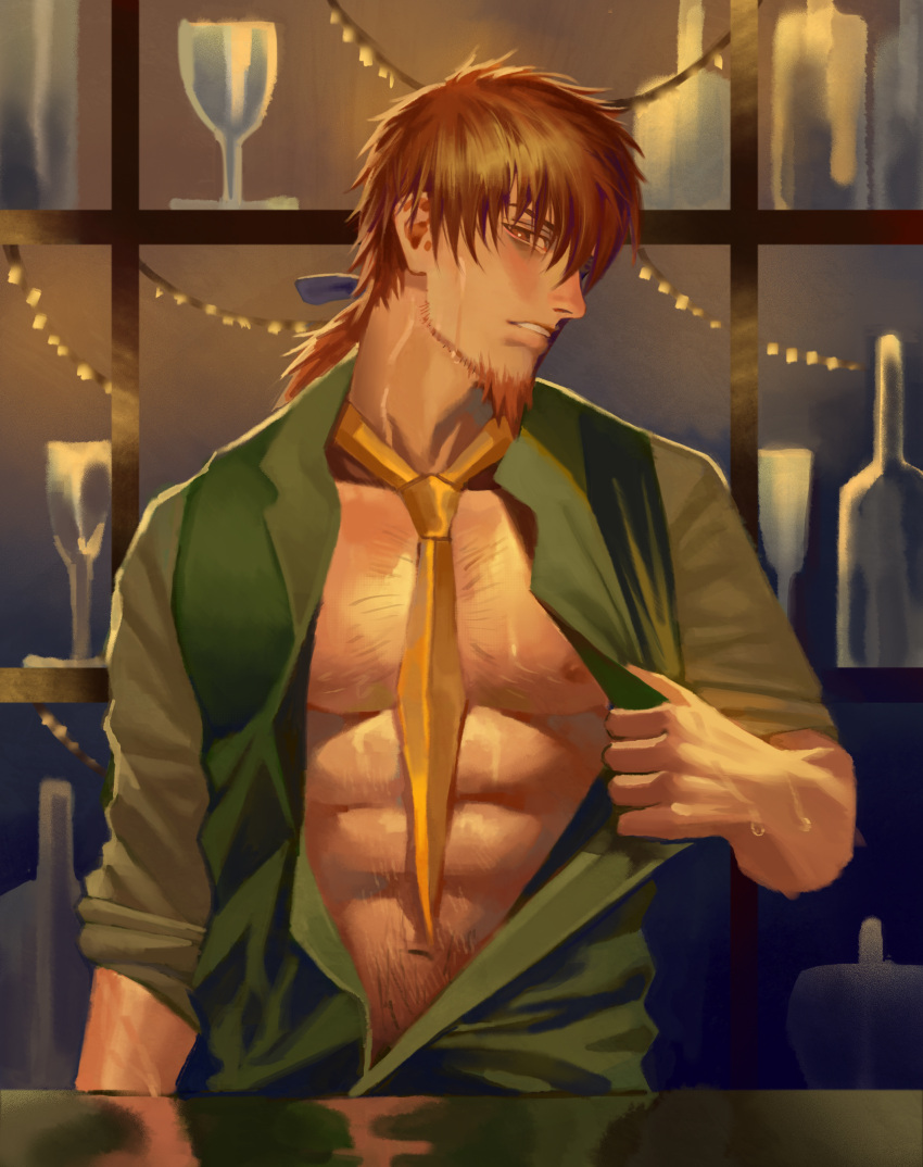 1boy abs absurdres bara bare_chest bartender between_pecs body_hair brown_eyes brown_hair chest collared_shirt facial_hair fate/grand_order fate_(series) goatee hairy hector_(fate/grand_order) highres long_hair male_focus muscle navel navel_hair nipples open_clothes open_shirt ponytail r_suka shirt sleeves_rolled_up solo sweat undressing upper_body