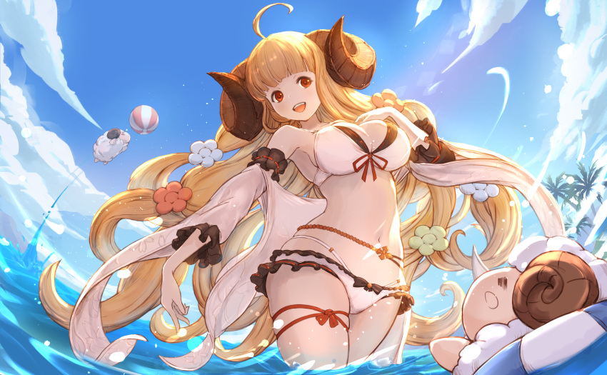 1girl :d ahoge anila_(granblue_fantasy) bikini blonde_hair blue_sky breasts clouds day detached_sleeves draph granblue_fantasy highres horns large_breasts long_hair navel open_mouth partially_submerged red_eyes sheep sheep_horns sky smile solo swimsuit tenshin_kagehisa water