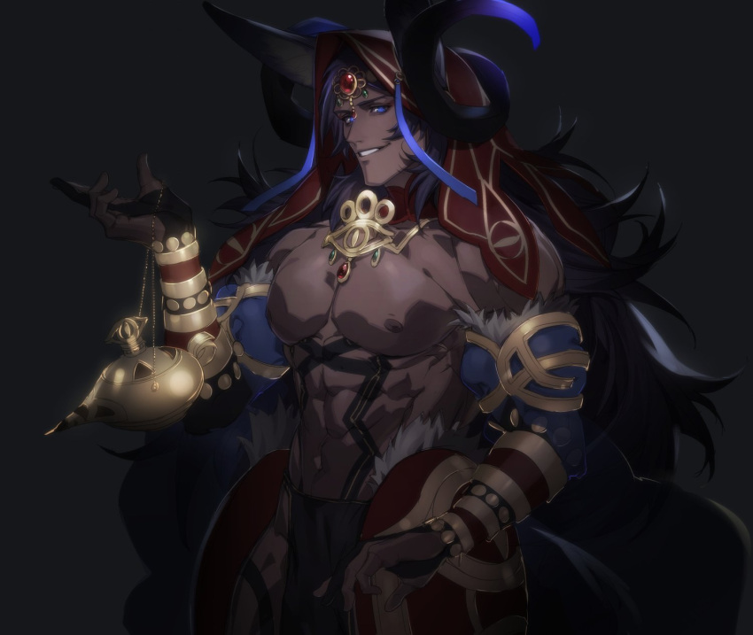 1boy abs animal_ears bara bare_chest blue_eyes bridal_gauntlets chest collar fate/grand_order fate_(series) forehead_jewel gem genderswap genderswap_(ftm) goat_horns gochary1212 head_chain highres hood horns lamp long_hair looking_at_viewer male_focus muscle navel nipples pelvic_curtain purple_hair queen_of_sheba_(fate/grand_order) revealing_clothes smile solo very_long_hair