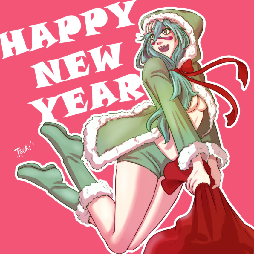 1girl :d alternate_costume alternate_hairstyle artist_name bleach boots breasts cloak facial_mark fur-trimmed_boots fur-trimmed_cloak fur_trim green_cloak green_footwear green_hair green_shorts grey_eyes happy_new_year highres holding holding_sack hood hooded_cloak large_breasts long_hair nelliel_tu_odelschwanck new_year open_mouth pink_background sack shorts skull_on_head smile solo tsukizawr under_boob very_long_hair