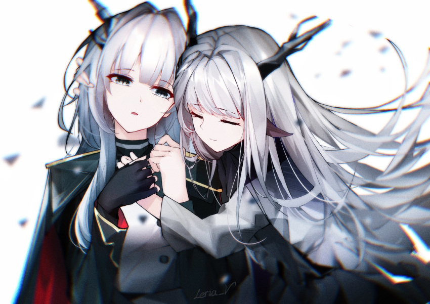 2girls alina_(arknights) arknights artist_name bangs black_gloves closed_eyes commentary_request eyebrows_visible_through_hair gloves grey_eyes head_tilt highres horns leria_v long_hair long_sleeves multiple_girls parted_lips silver_hair simple_background smile spoilers talulah_(arknights) upper_body white_background