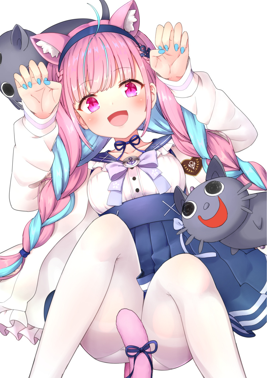 1girl :d ahoge animal_ears bangs blue_hair blue_hairband blue_nails blue_ribbon blue_sailor_collar blue_skirt braid breasts cat_ears cat_girl cat_tail claw_pose eyebrows_visible_through_hair faubynet feet_out_of_frame frilled_sailor_collar frills hairband hands_up highres hololive jacket knees_up long_hair looking_at_viewer lying medium_breasts minato_aqua multicolored_hair nail_polish neko_(minato_aqua) on_back open_clothes open_jacket open_mouth pantyhose pink_hair pleated_skirt purple_hair ribbon sailor_collar shirt simple_background skirt smile tail tail_ribbon thighband_pantyhose twin_braids twintails two-tone_hair very_long_hair virtual_youtuber white_background white_jacket white_legwear white_shirt