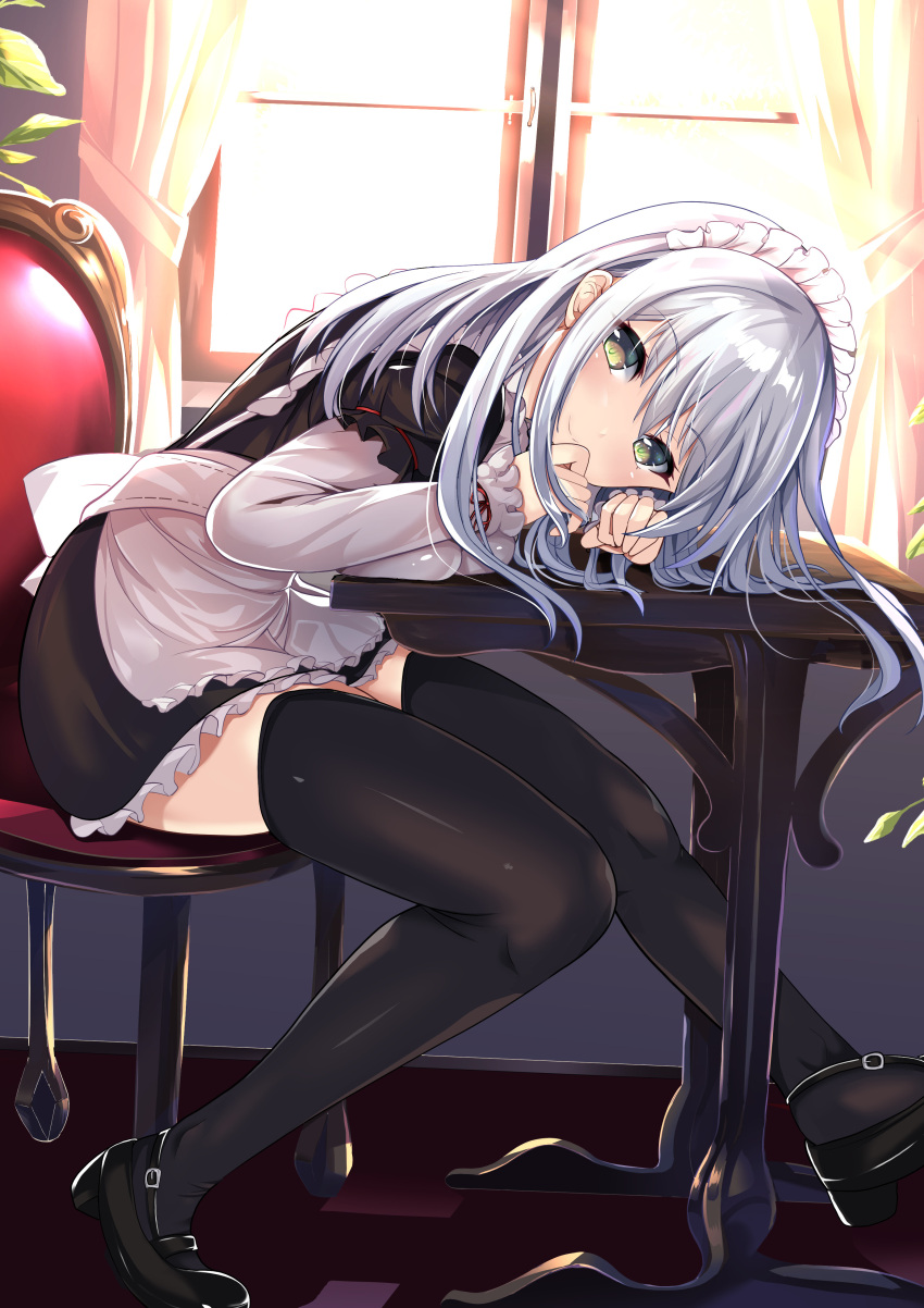1girl absurdres apron black_legwear breasts chair commentary_request day eyebrows_visible_through_hair hair_between_eyes highres long_hair long_sleeves looking_at_viewer maid maid_apron maid_headdress original plant shoes silver_hair sitting smile sumisuzu table thigh-highs window